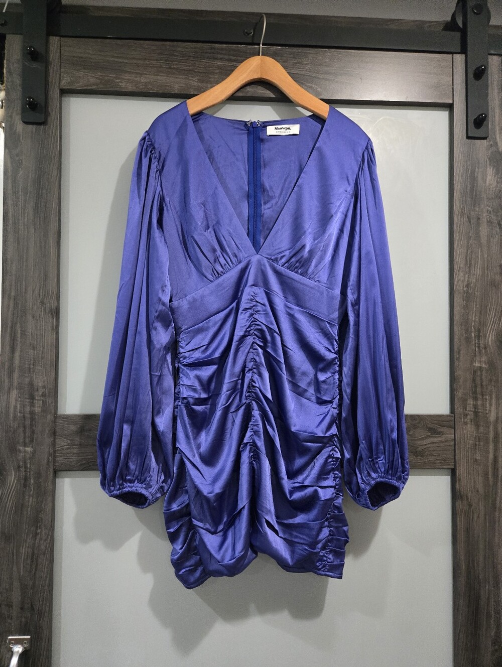 Showpo Nicole Purple Satin Mini Ruched Balloon Sleeves Fitted Dress 8